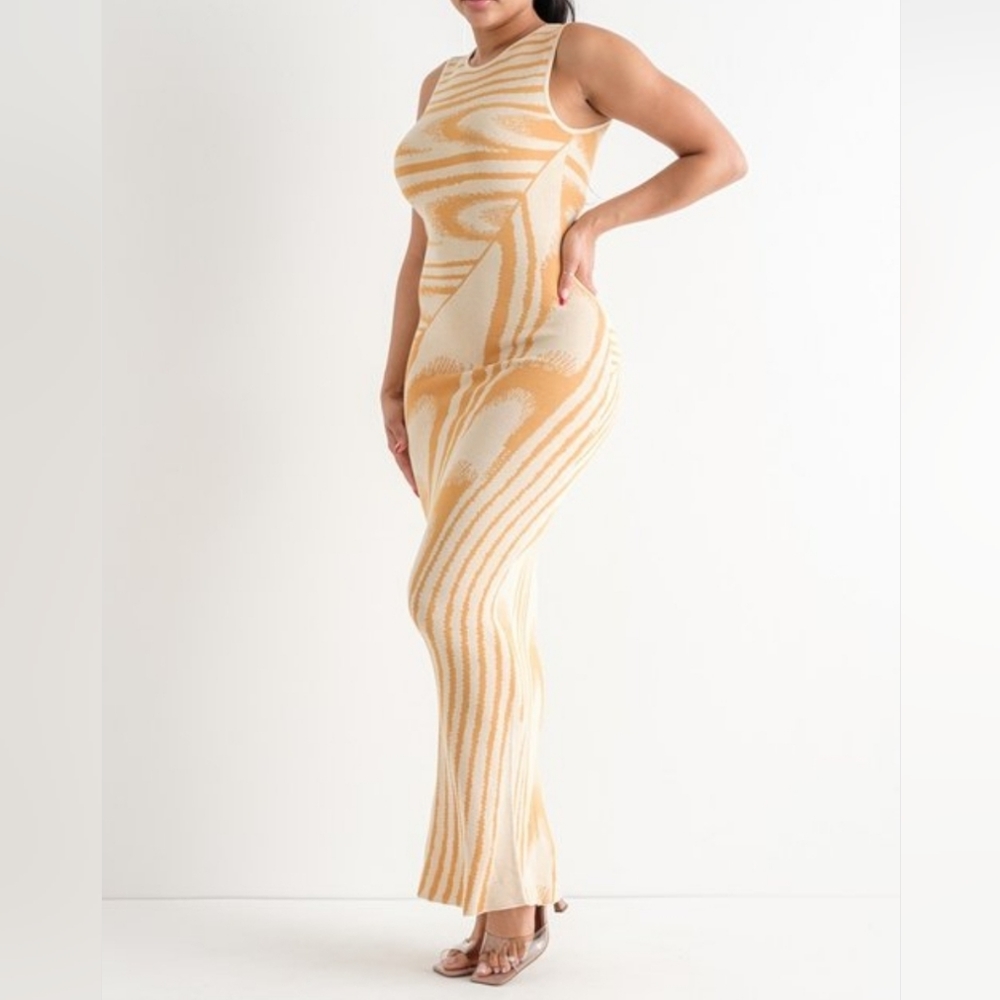 Wave Jacquard Dress Mustard Beige S M L New - Picture 4 of 7